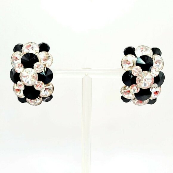 Super Bling Rhinestone Rivoli Earrings Artisan Made Crystal & Black Post Back - Picture 2 of 9